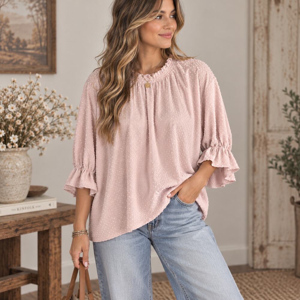 Texture + Thread Women’s Pink Swiss Dot Ruffle Sleeve Blouse Large NWT